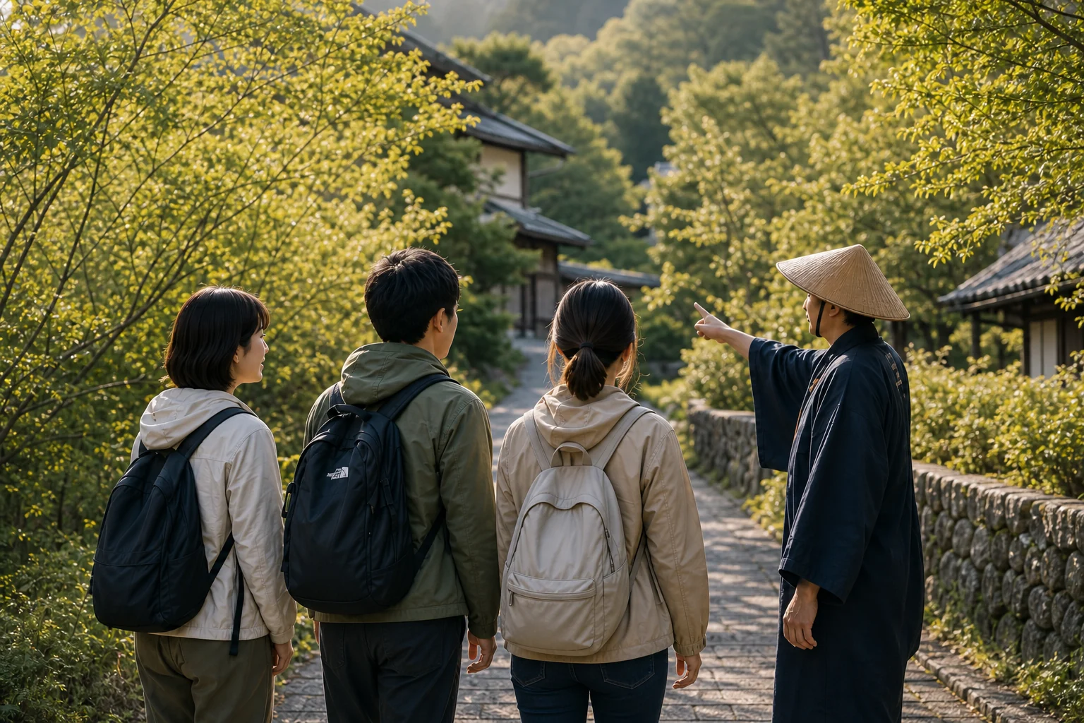 里山を歩きながら地域の案内人の話を聞く体験参加者