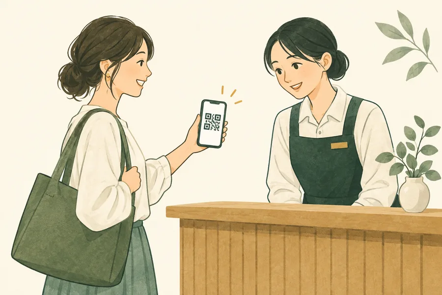 当日、スマホの予約QRを受付スタッフに見せるイラスト