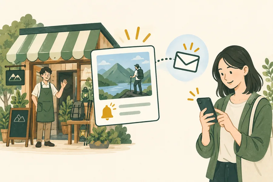 お店が新しい企画を公開すると、フォローした人にメールで通知が届くイラスト