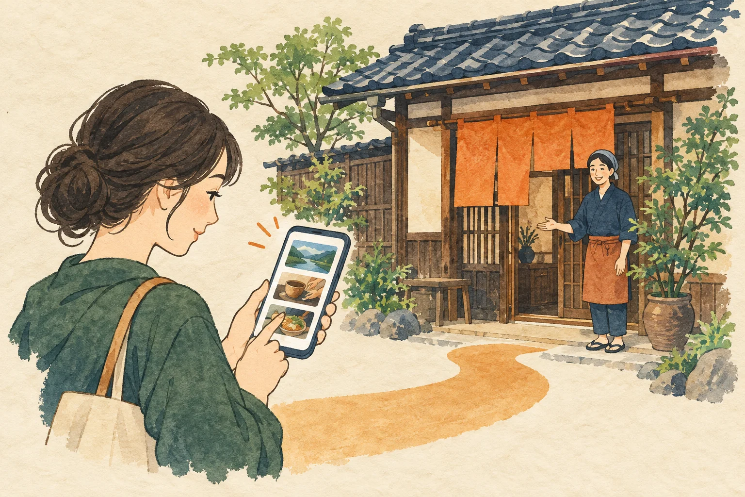 スマートフォンでお店の企画を選ぶ案内イラスト